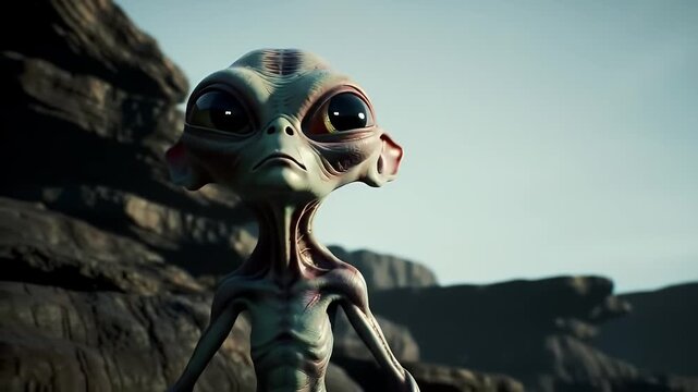 Detailed Alien Creature with Smooth Gray Skin and Large Eyes on Rocky Terrain Under Clear Sky
