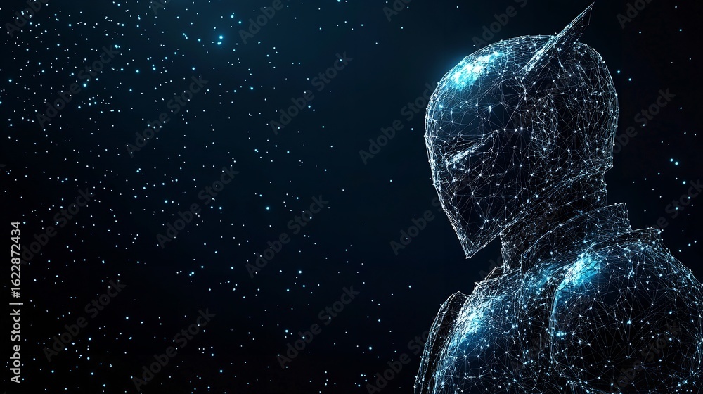 Poster digital rendering of a futuristic knight with glowing connections in a dark starry background