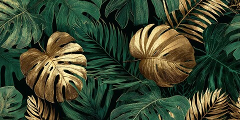 A dense backdrop of dark green tropical leaves accented with gold