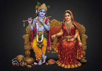 Divine Radha Krishna Image Indian Hindu Gods Playing Flute, Traditional Attire, Seated on Ornate Throne, Cultural Icon.