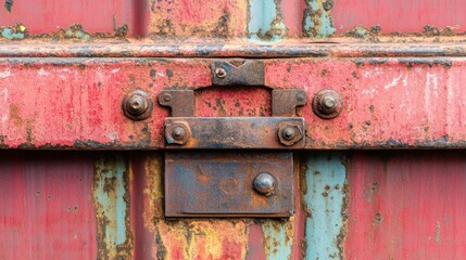 Close-up of a rusty metal lock on a weathered, multicolored shipping container.