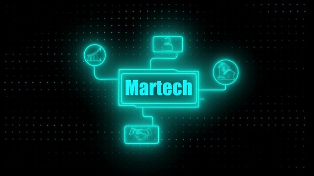 Martech marketing technology concept with growth chart and user icon neon glow on dark grid