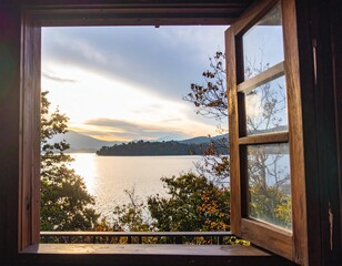 Landscape natural scenery background. View from the window with a beautiful landscape natural scenery with sea water and trees.