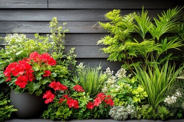 Naklejka premium Vibrant garden display on dark wood