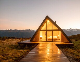 Modern triangular house with glass in the mountains
