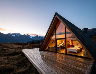 Modern triangular house with glass in the mountains