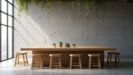 Minimalist Interior Design Featuring Wooden Table Stools and Concrete Wall Accented with Green Plants for a Natural and Modern Atmosphere