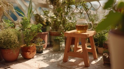 A glass of tea on a small wooden stool surrounded by potted plants on a sunlit balcony garden area