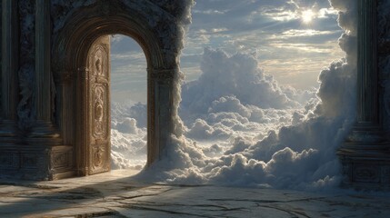 Door carved with angelic symbols opening to a radiant celestial world with pure light and clouds 