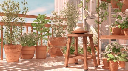 A sunlit balcony filled with potted plants and a wooden stool topped with a teapot and saucer set