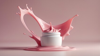 Dynamic pink liquid splash frozen in motion around a white jar on a soft pink background