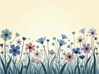 Artistic depiction of a summer meadow with blue and white wildflowers. Soft and gentle painterly style background with a field of cornflowers and daisies, creating a peaceful and fresh feeling
