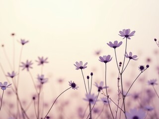 Gentle illustration of a field of lavender colored wildflowers with a soft focus and painterly texture. Calming and serene nature background with purple flowers and a dreamy, hazy atmosphere
