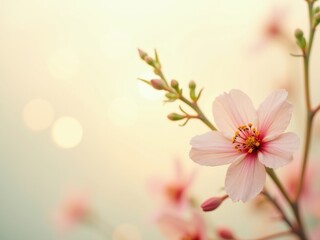 Vertical artistic depiction of a blooming cherry blossom branch against a soft pastel background. Elegant and serene floral illustration with a gentle, light-filled aesthetic and painterly style
