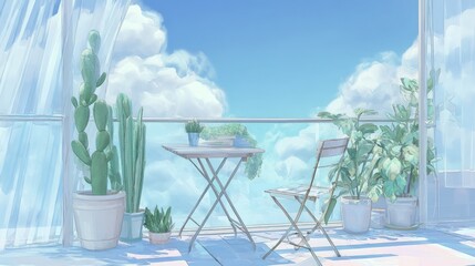 A serene balcony scene with plants, a table, and a chair overlooking a cloudy blue sky illustration