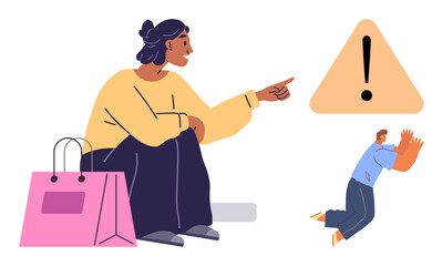 Woman pointing at triangular warning sign with exclamation mark, shopping bag by her side, man holding head in reaction. Ideal for caution, alert, awareness, decision-making, communication, teamwork