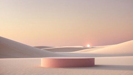 Minimalist desert landscape with a pink pedestal at sunrise or sunset