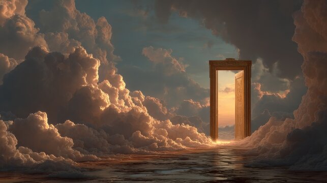 Majestic door glowing with golden light opening to a serene celestial realm of clouds and light 