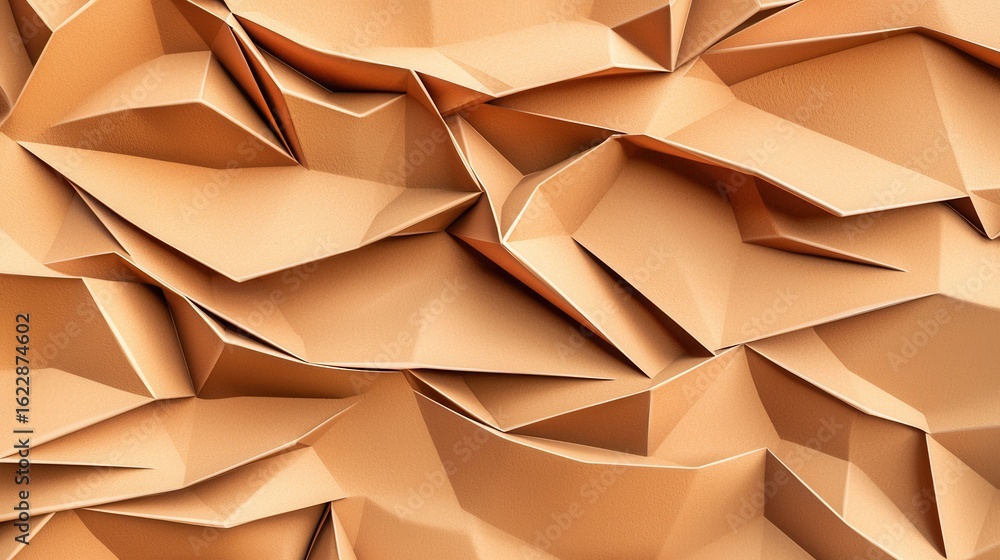 Poster overlapping crumpled shapes of beige paper forming an intricate three dimensional abstract geometric