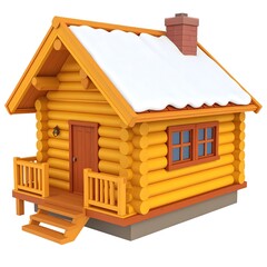 3d cartoon alaska log cabin with timber logs, sloped roof, small chimney and snow accents, rustic winter survival house.