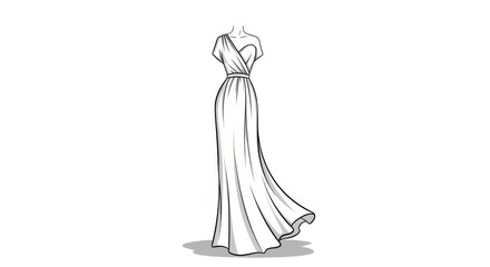 Elegant Long Dress Illustration in Black and White Minimalist Style