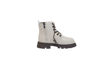 white children's winter boots, children's winter lace-up shoes on a white background