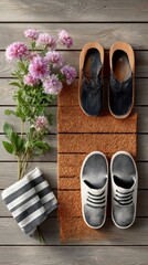 Wooden clogs and flowers on a doormat