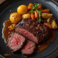 Seared Beef Tenderloin with Herb-Crusted Crust, Served with Roasted Vegetables and Rich Gravy