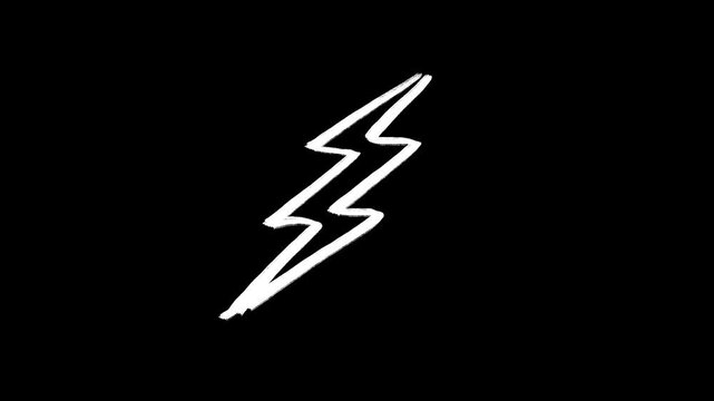 Animated Hand Drawn Lightning Bolt, White Scribble Thunder Symbol on Black Background. Doodle and Sketchy Style, Power, Energy, Storm, Electricity, Fast, Flash, Comic, Thunder.