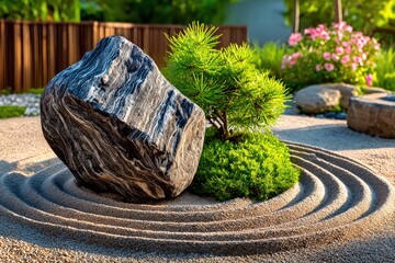 Zen garden with large rock and small trees