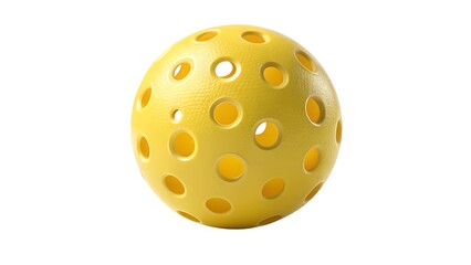 Bright yellow pickleball with circular holes on a white background