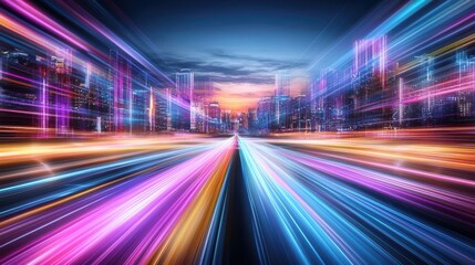 Obraz premium A futuristic visually captivating cityscape at night featuring a dynamic blend of neon lights high speed motion and a vibrant technology driven atmosphere