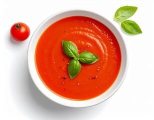 Tomato Soup in a soft red ceramic bowl, clean white background