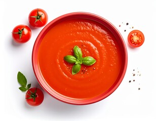 Tomato Soup in a soft red ceramic bowl, clean white background