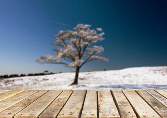 Wooden table top on blurred background mountains and forest nature Snow for important product editing or image layout design. View of the copy space.