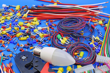 Materials for assembling the electrical control panel. Close-up. Soft focus. 