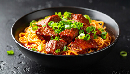 Fototapeta premium Culinary Artistry: A bowl of savory noodles topped with tender meat and fresh green herbs, ready to savor, the epitome of delicious and appealing