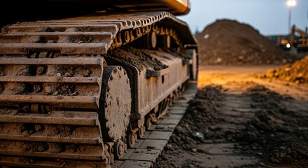 A close-up of a muddy excavator track on a construction site at dusk with a pile of dirt in the background.