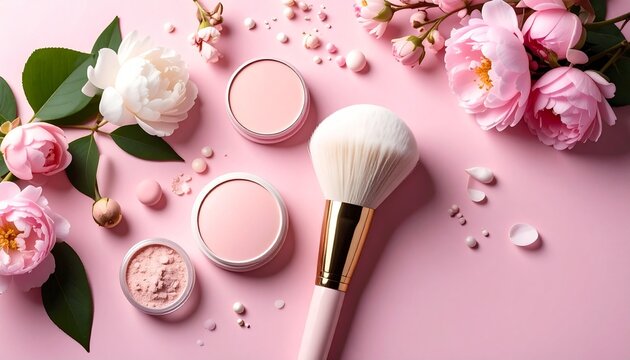 Minimalist flat lay featuring blush palette makeup brushes on white and soft pink background, creating stylish and elegant aesthetic for beauty enthusiasts 
