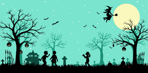 Halloween night scene with witch flying over graveyard and children trick-or-treating