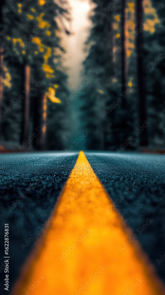 Poster a serene and captivating scene of a winding road leading through a lush colorful autumn forest invit