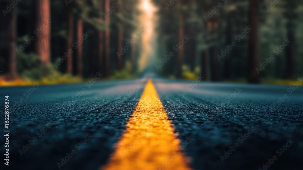 Poster a winding paved road cuts through a dense lush forest creating a tranquil and inviting pathway for e