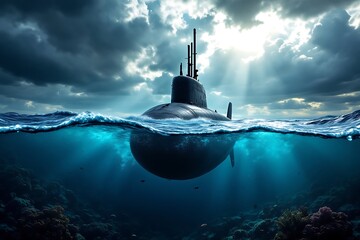 Dark submarine emerges from deep blue ocean water under stormy sky ship