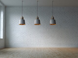 Obraz premium Empty room with white brick wall and pendant lamps