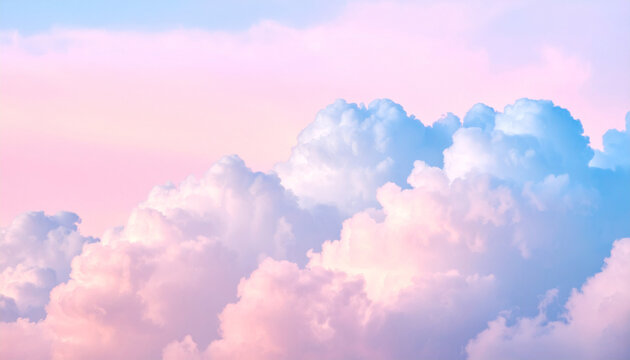 Ethereal Pastel Cloudscape: A serene skyscape painted with soft hues of pink and blue, a perfect embodiment of tranquility. The fluffy, cloud formations provide a tranquil effect.