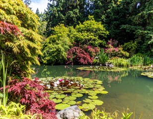 Sunlit Water Lilies and Lily Pads on a Teal Pond