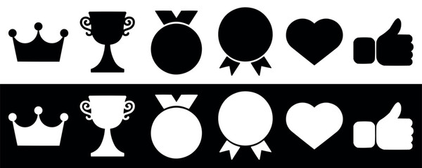 Achievement and Reward Icons Set in fill shape. Vector illustration isolated on black and white background.