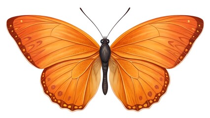 Close up of a vibrant orange butterfly with intricate wing patterns on a white background