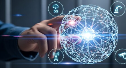 Hand interacting with futuristic 5G network sphere;  IoT, AI, automation, and security concepts visualized.