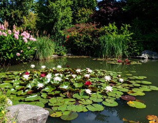 Sunlit Water Lilies and Lily Pads on a Teal Pond